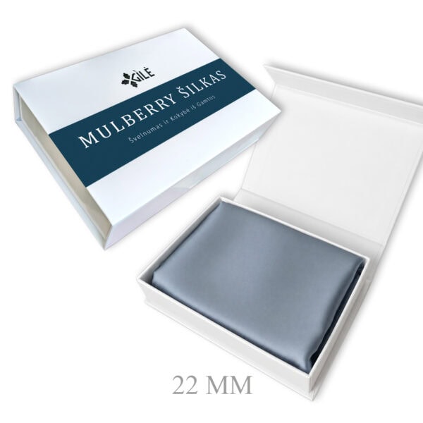 Mulberry šilko pagalvės užvalkalas Gray Blue 22 mm dėžutėje