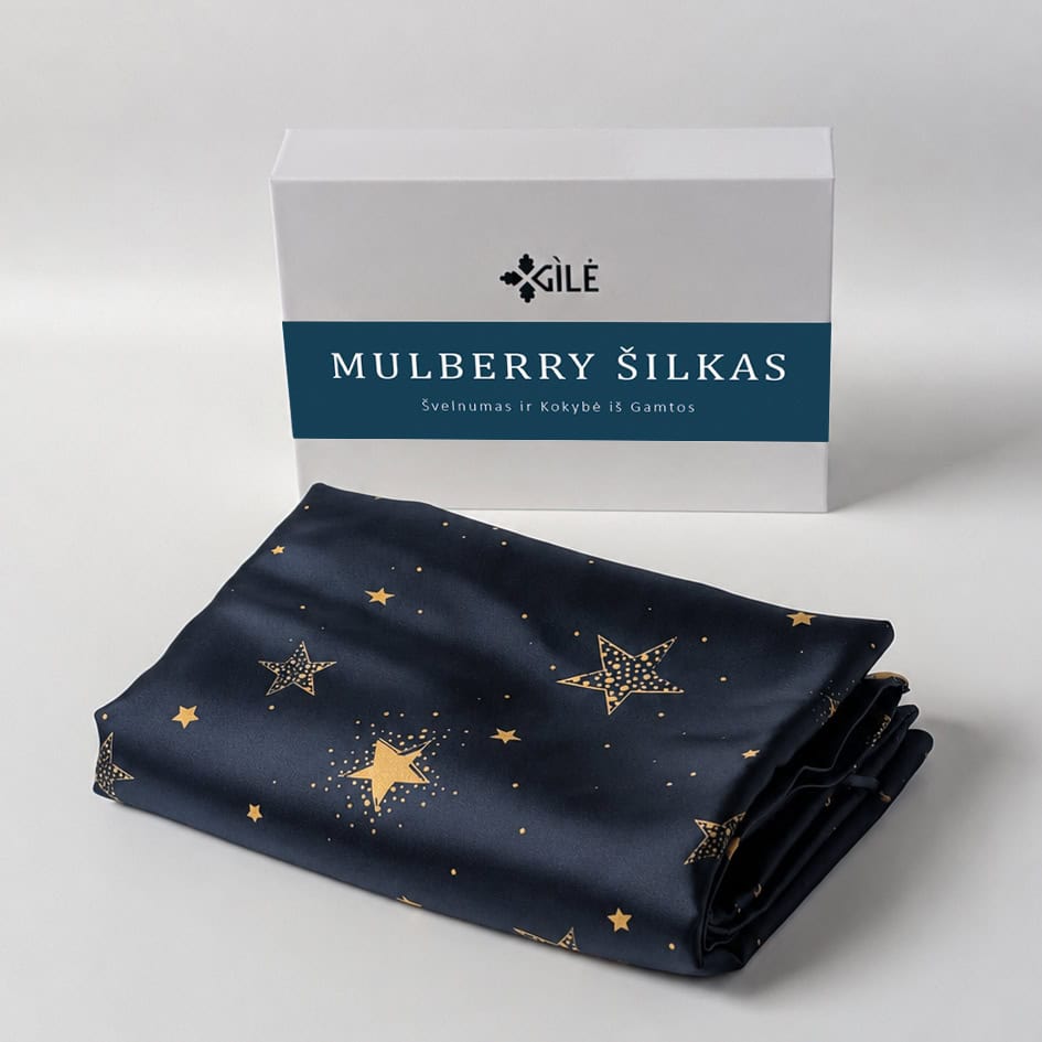 Sulankstytas šilkinis pagalvės užvalkalas Midnight Stars su dovanų dėžute